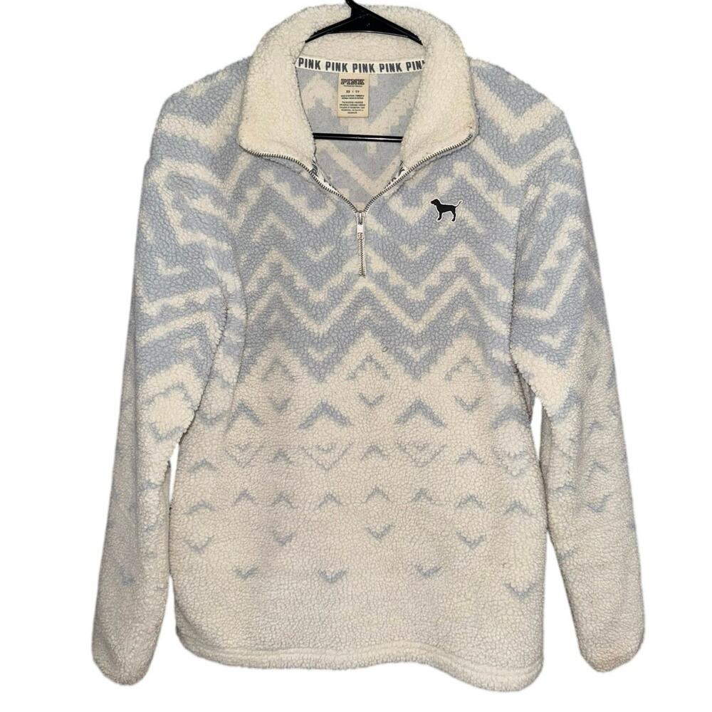 Victoria Secret Sherpa White Blue Jacket pink pull over 1/4 Zip Size XS